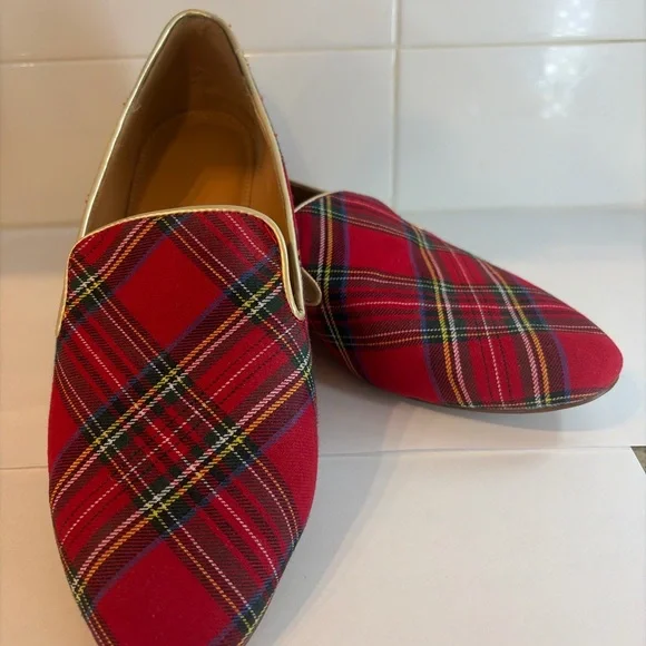 J.Crew Tartan Plaid Smoking Slipper Loafers Royal Stewart Red Flats Size 8.5 - Picture 3 of 8